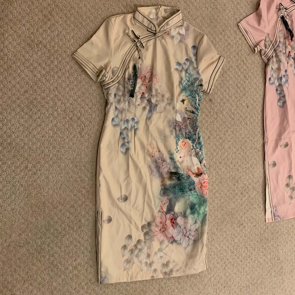 chinese qipao beige silk dress